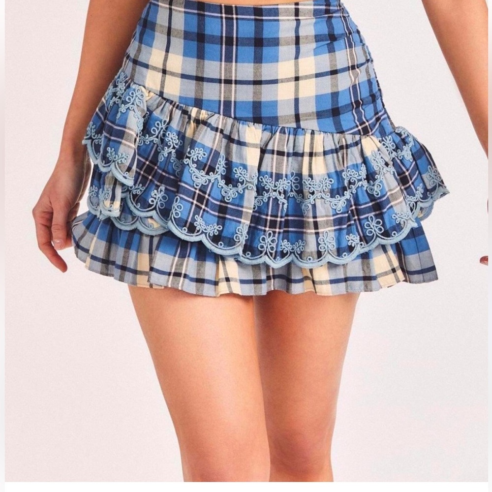 LOVESHACKFANCY BLUE PLAID RUFFLE SKIRT